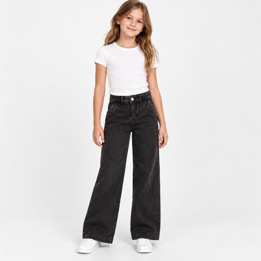 Abercrombie Kids Girls 7/8 Long High Rise Wide Leg Jeans Faded Black Denim